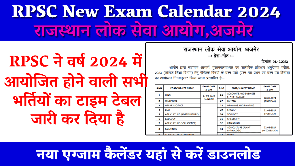 RPSC Latest Exam Calendar 2024 Notification